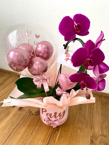 Orquídea com Balão Personalizado: orquídea, vaso com nome, balão bubble personalizado e cartão